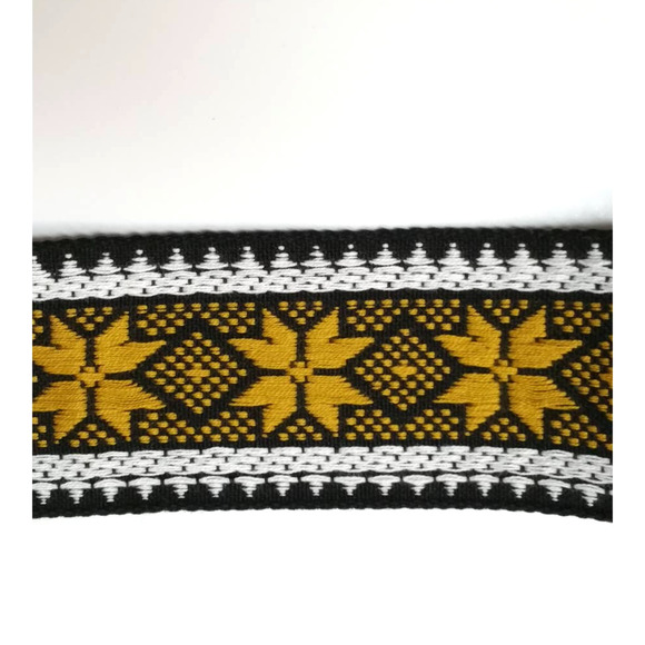 Vintage 70s Floral Jacquard Trim 2" Wide, Boho Black White Brown Gold Woven Trim - Picture 3 of 5